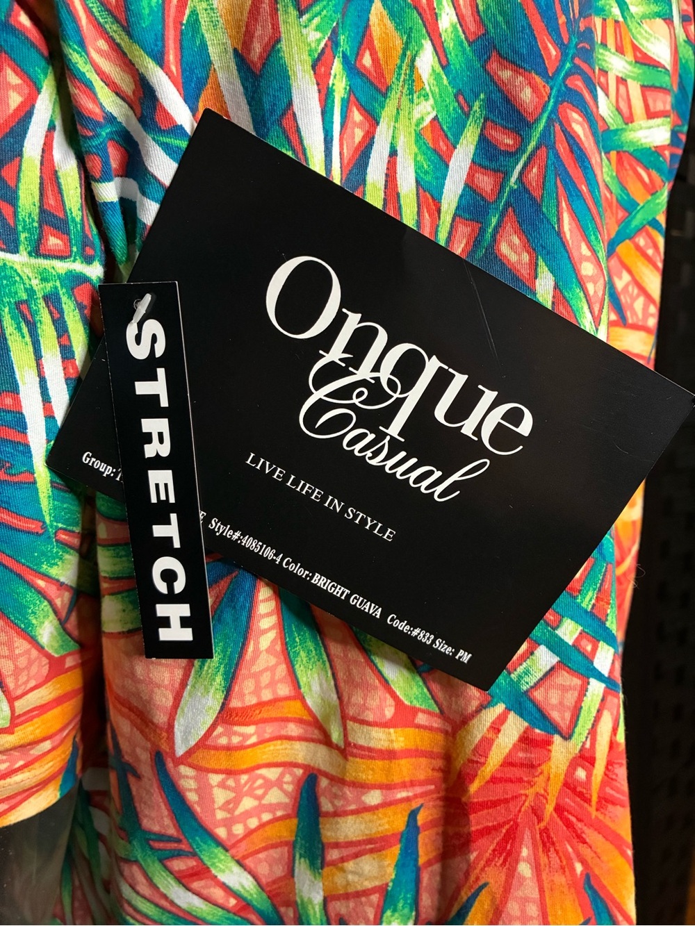 Onque Casuals Bright Guava Tropical Print Stretch Top - Picture 9 of 12